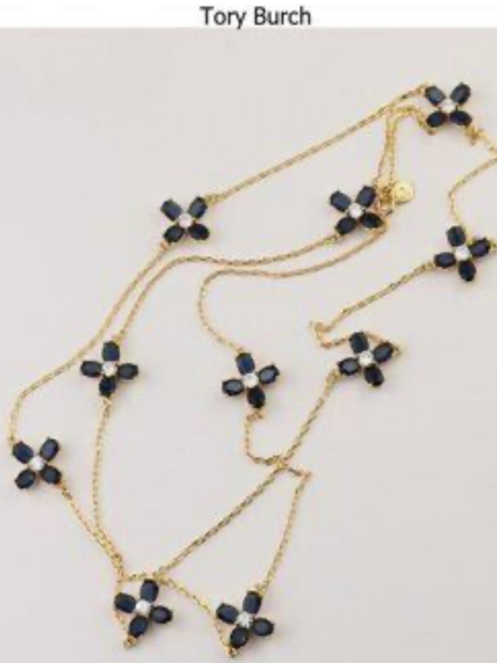 Tory Burch Gold Layered Necklace with Navy Floral Motifs